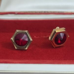 Gold Tone Hexagon Cufflinks  with Red Gemstone